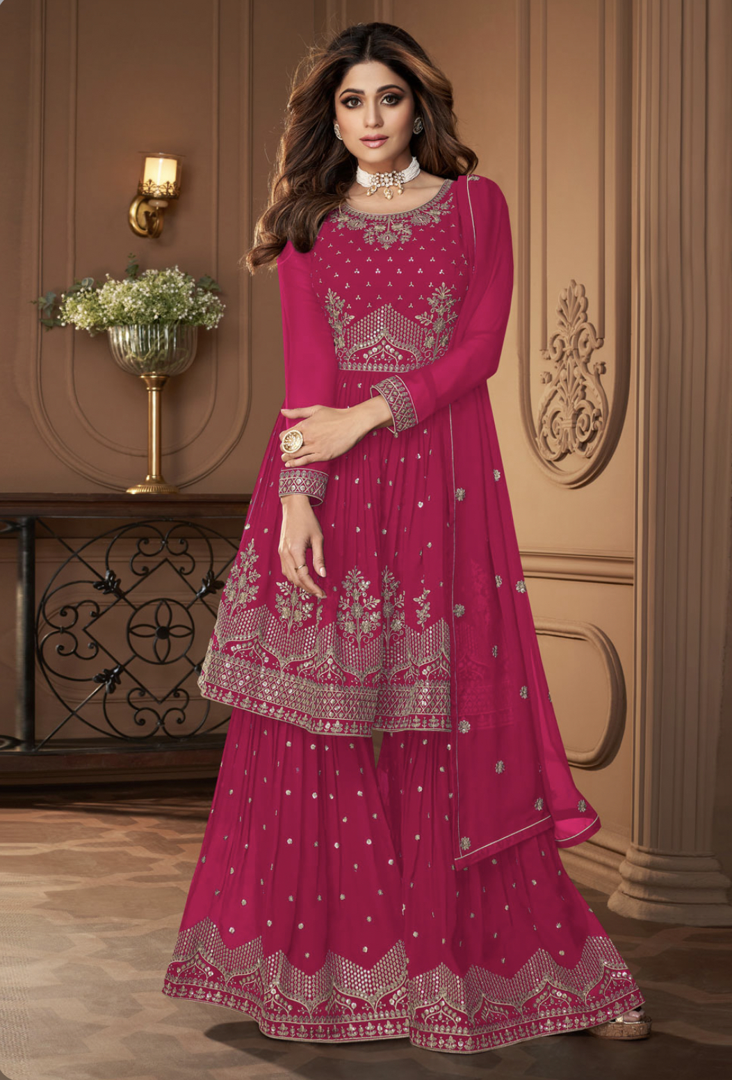 Magenta Georgette Sharara Suit - Salwar Kameez Designer Collection