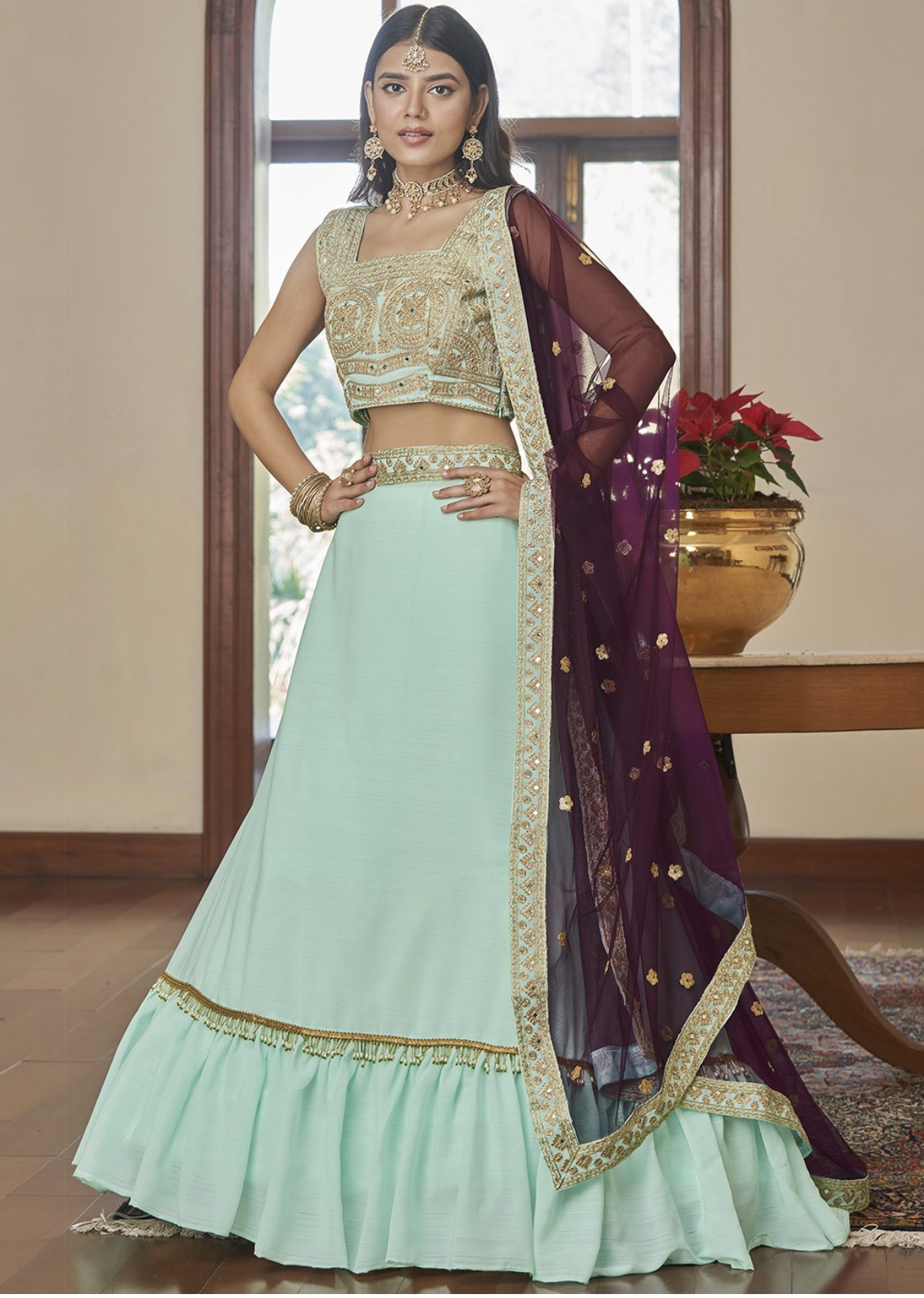 Embroidered Net Tiered Lehenga in Yellow : LUF3062