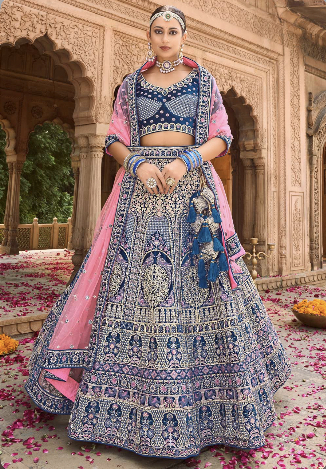 Eid Special Enchanting Blue-Pink Color Fancy Fabric Wedding Wear Designer  Lehenga Saree With Embroidery Work