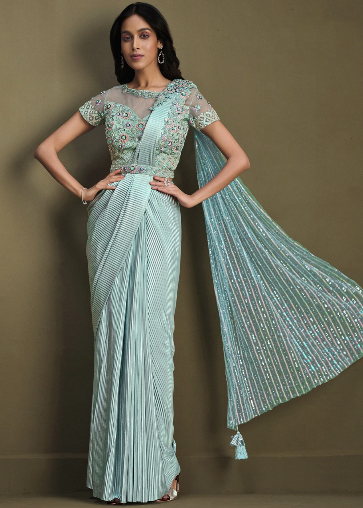 Blue Crepe Silk Pre Pleated Designer Saree - Sarees Designer Collection