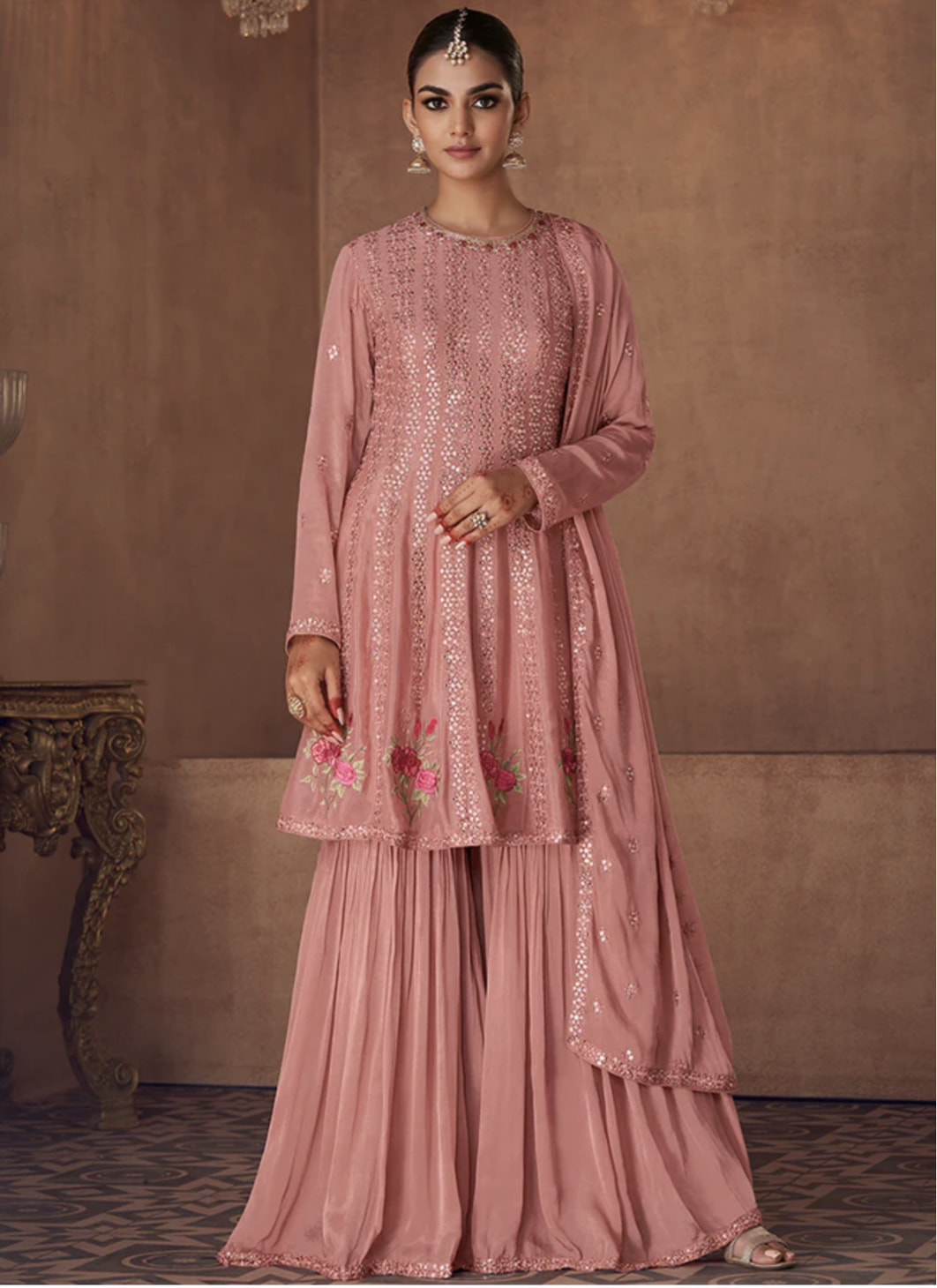 Light Pink Georgette Frock Style Sharara Suit Salwar Kameez Designer Collection