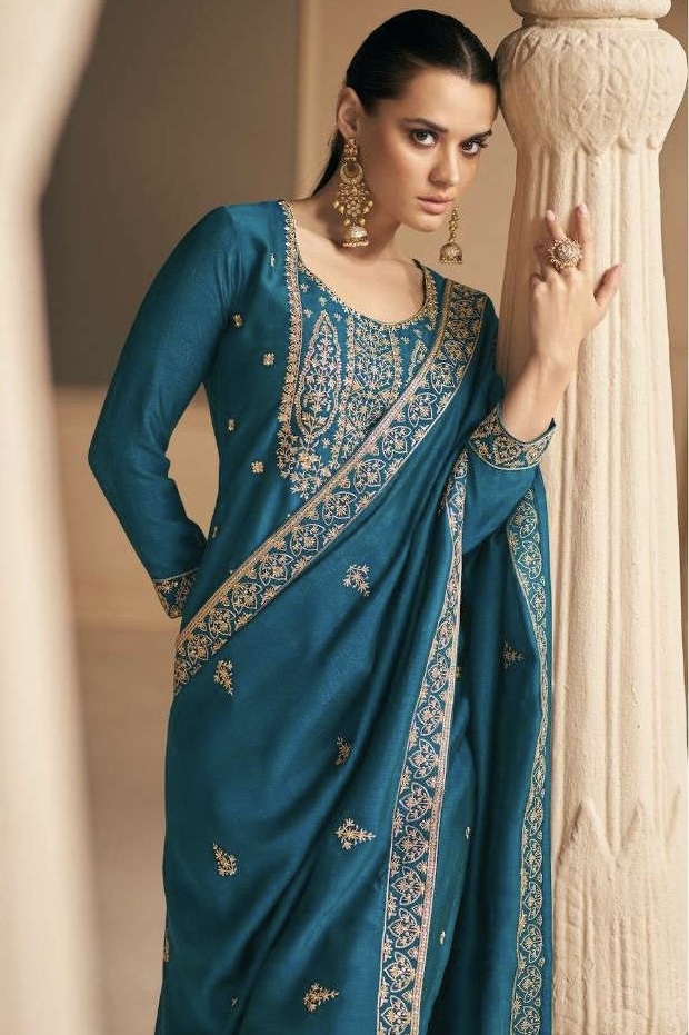 Blue Embroidered Silk Palazzo Pant Suit - Salwar Kameez Designer Collection