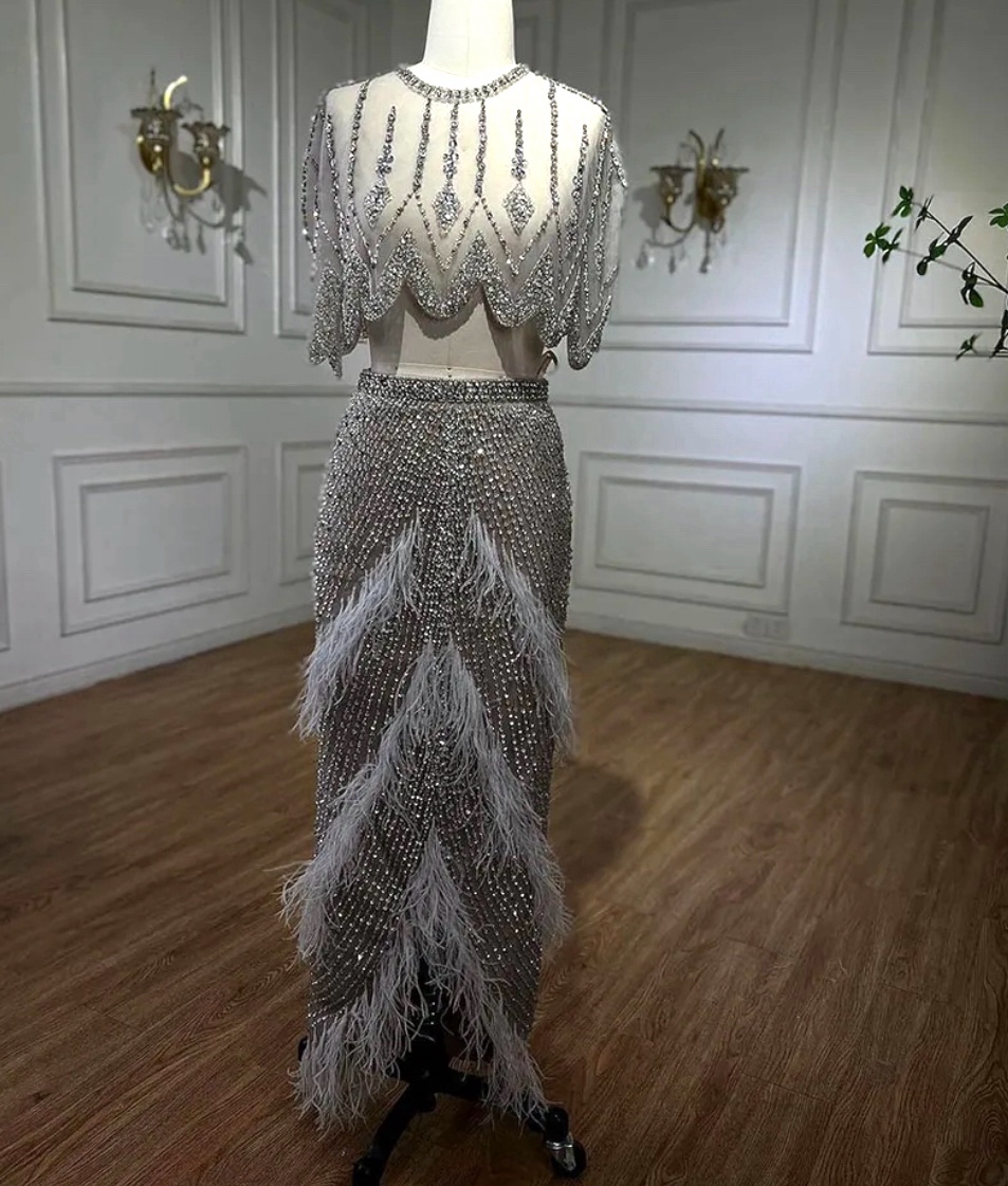 Luxury Nude Feathered Sequin Embellished Two Piece Evening Dress Evening Dresses Made To Order Designer Collection