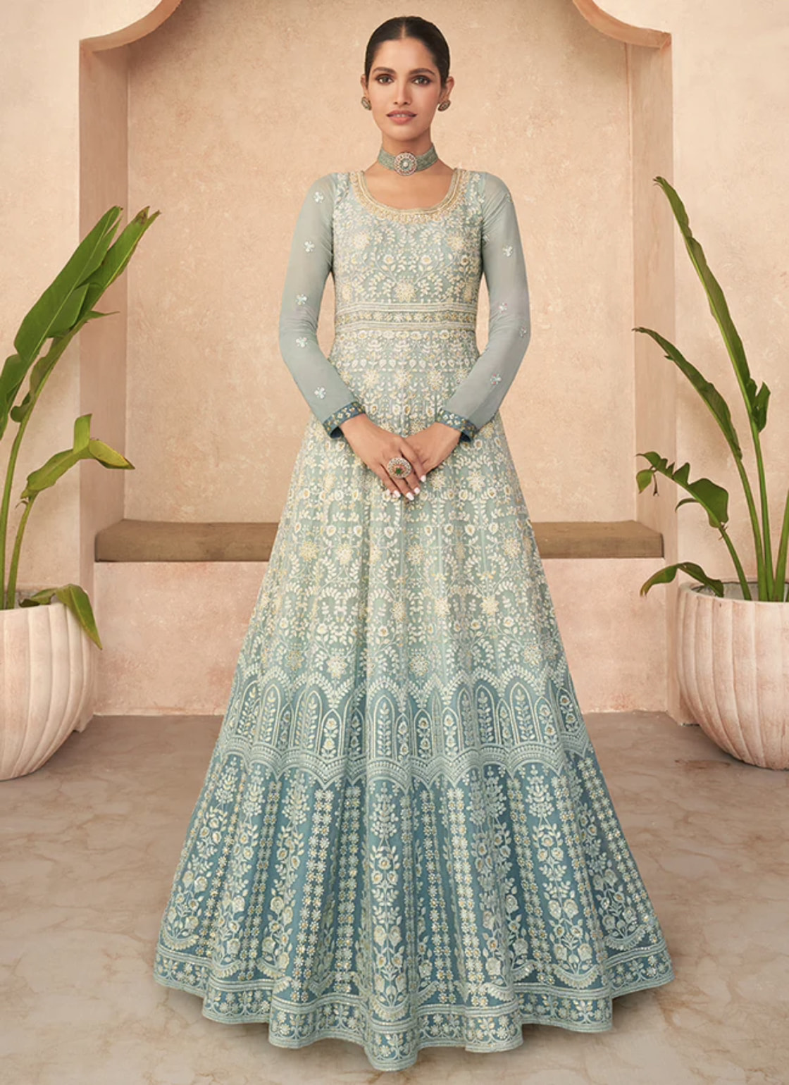 Sky Blue Floor Length Anarkali Gown - Salwar Kameez Designer Collection