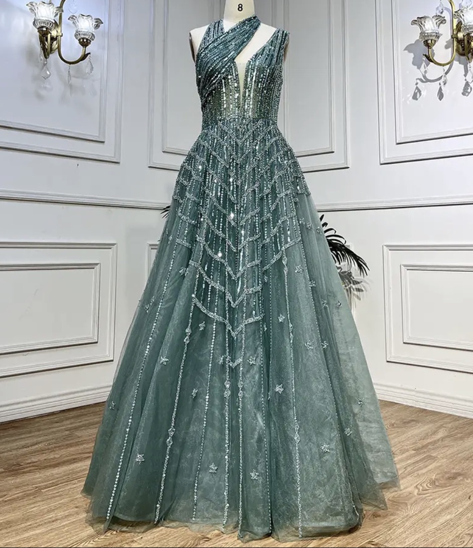 Elegant A-line Halter Neck Embellished Evening Gown - Evening Dresses, Made  To Order Designer Collection