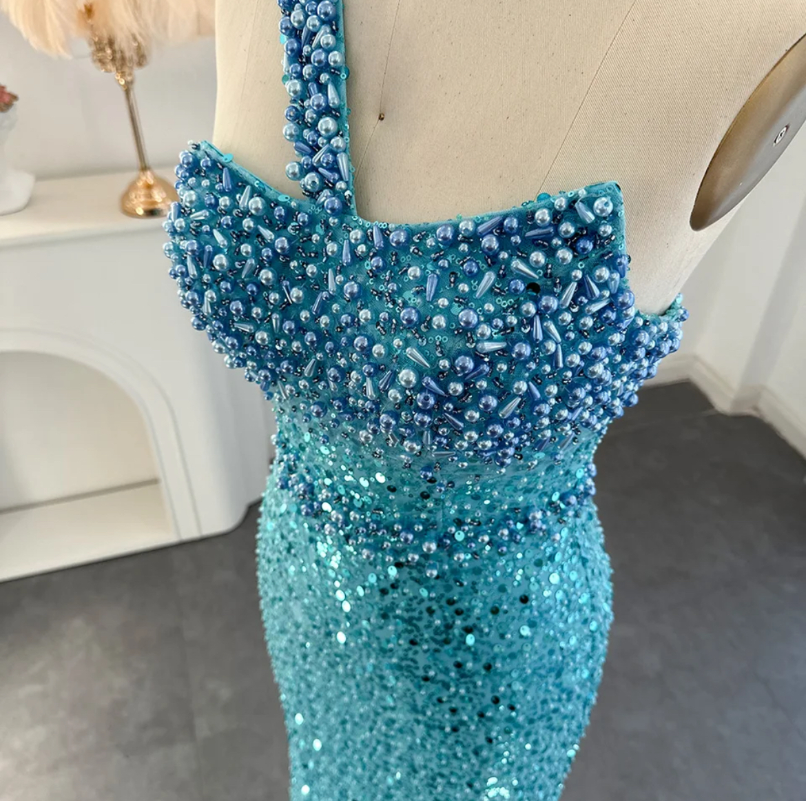 One Shoulder Turquoise Blue Sequin Embellished Evening Party Dress ...