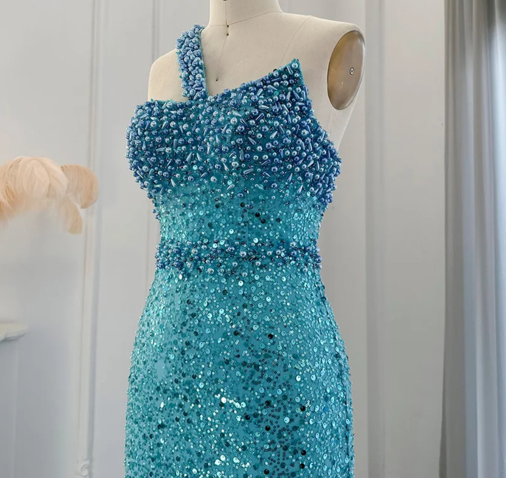 One Shoulder Turquoise Blue Sequin Embellished Evening Party Dress ...