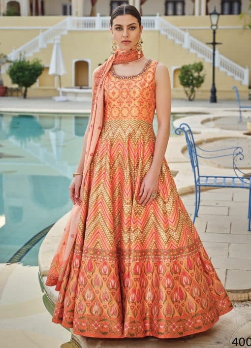 Orange Digital Print Fancy Silk Anarkali Gown