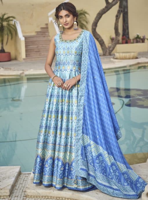 Blue Digital Print Fancy Silk Anarkali Gown